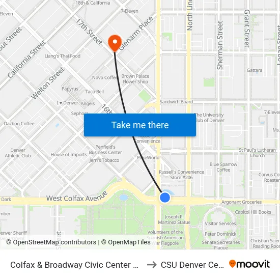 Colfax & Broadway Civic Center Station to CSU Denver Center map