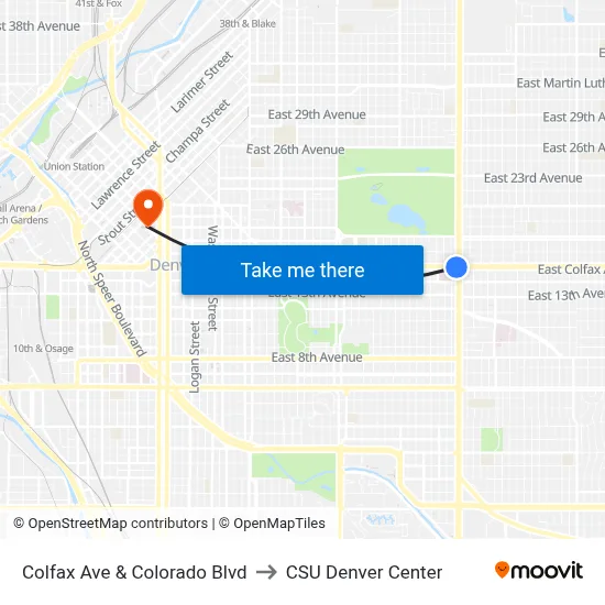 Colfax Ave & Colorado Blvd to CSU Denver Center map