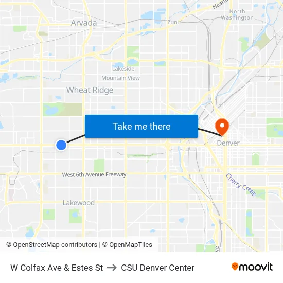 W Colfax Ave & Estes St to CSU Denver Center map
