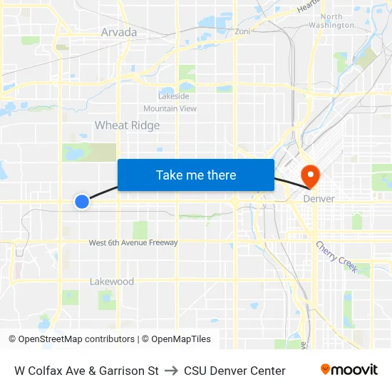 W Colfax Ave & Garrison St to CSU Denver Center map