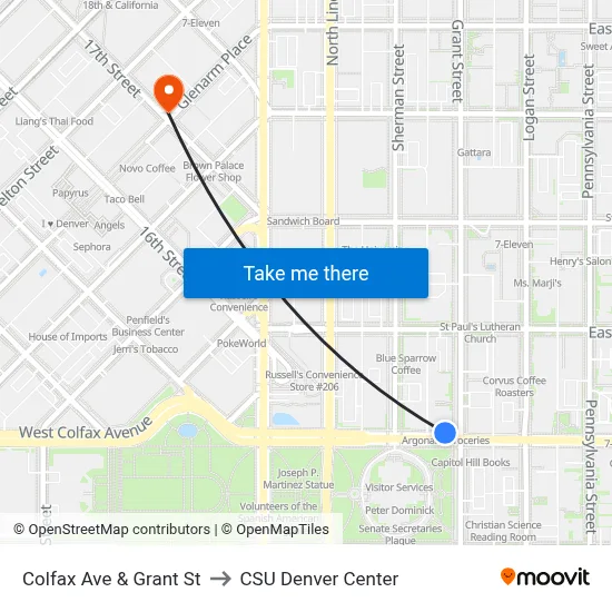 Colfax Ave & Grant St to CSU Denver Center map