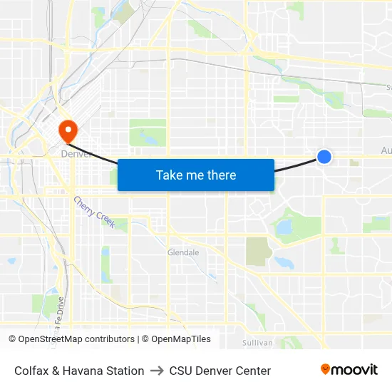 Colfax & Havana Station to CSU Denver Center map