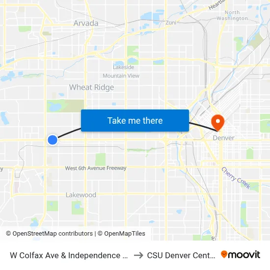 W Colfax Ave & Independence St to CSU Denver Center map