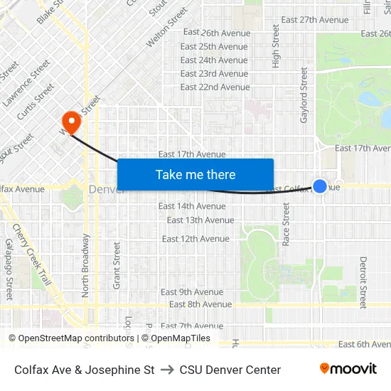 Colfax Ave & Josephine St to CSU Denver Center map