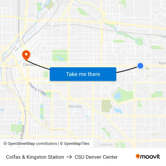 Colfax & Kingston Station to CSU Denver Center map