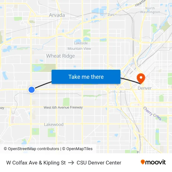 W Colfax Ave & Kipling St to CSU Denver Center map