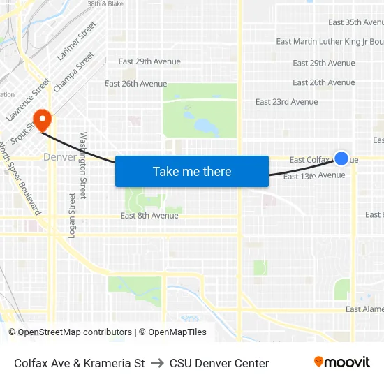 Colfax Ave & Krameria St to CSU Denver Center map