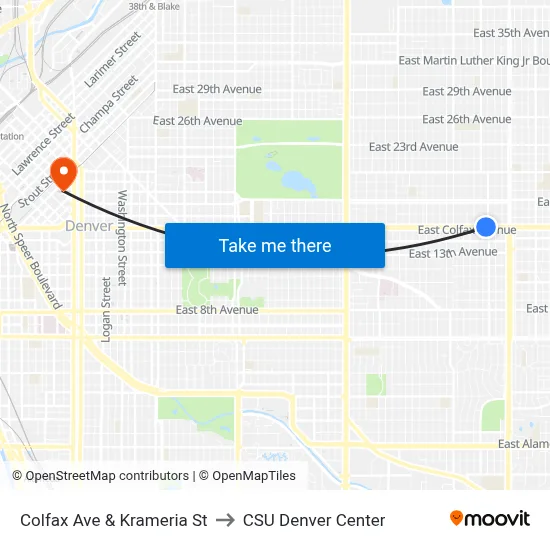 Colfax Ave & Krameria St to CSU Denver Center map