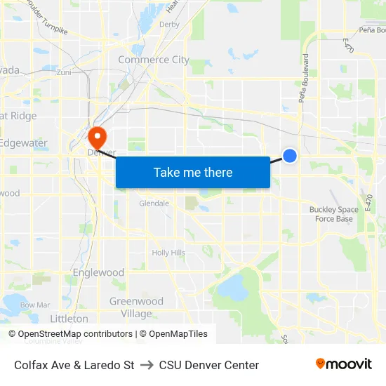 Colfax Ave & Laredo St to CSU Denver Center map
