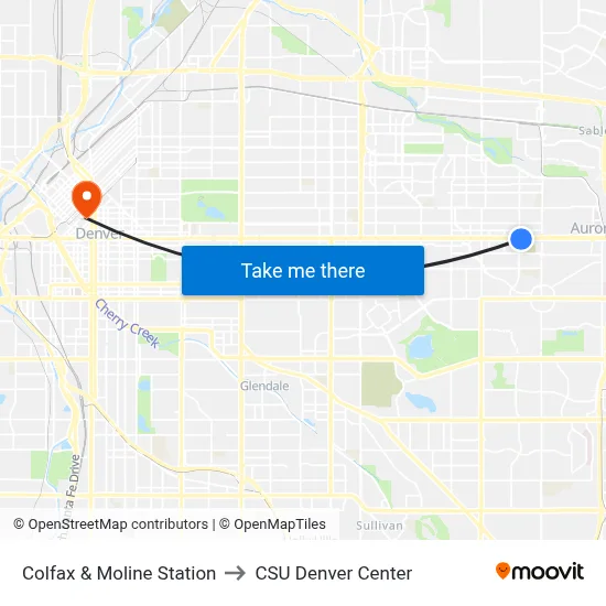 Colfax & Moline Station to CSU Denver Center map