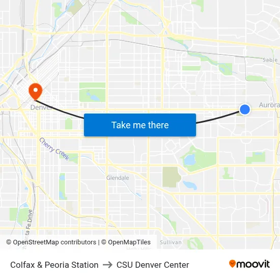 Colfax & Peoria Station to CSU Denver Center map