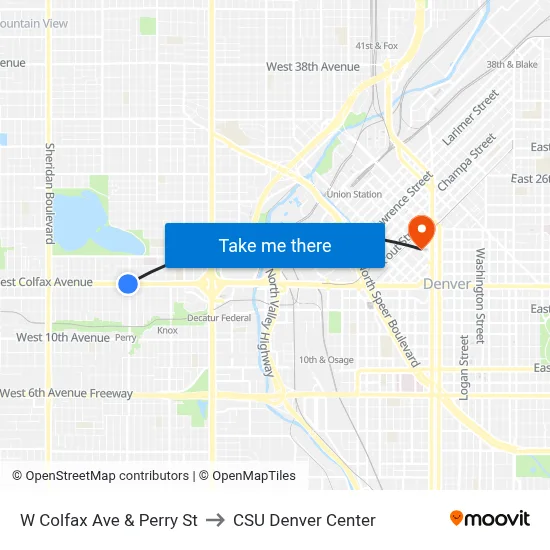 W Colfax Ave & Perry St to CSU Denver Center map