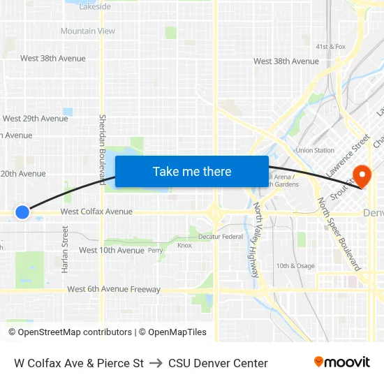 W Colfax Ave & Pierce St to CSU Denver Center map