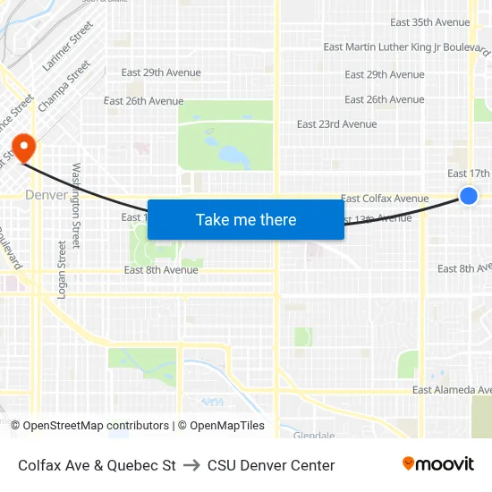 Colfax Ave & Quebec St to CSU Denver Center map