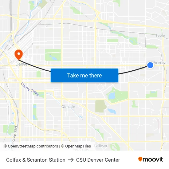Colfax & Scranton Station to CSU Denver Center map