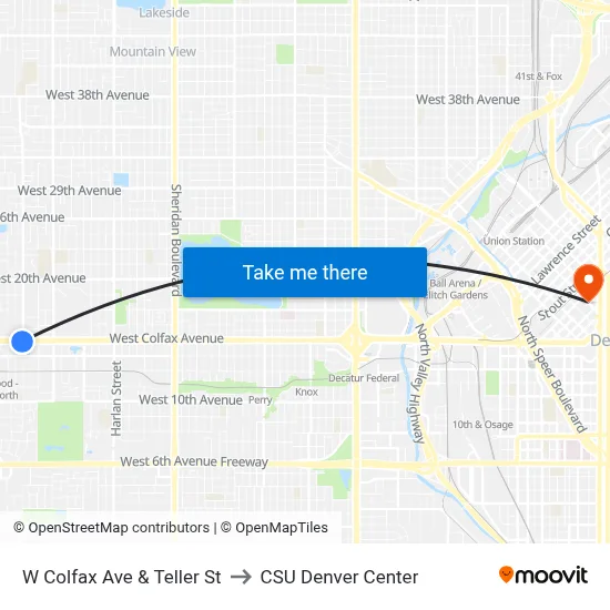 W Colfax Ave & Teller St to CSU Denver Center map