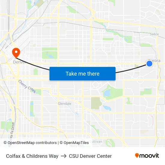 Colfax & Childrens Way to CSU Denver Center map