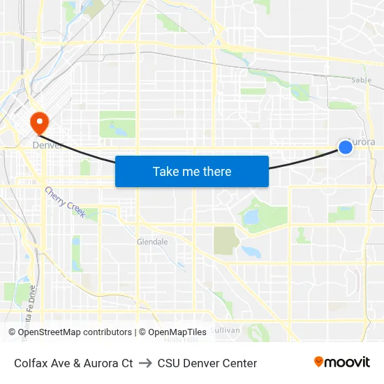 Colfax Ave & Aurora Ct to CSU Denver Center map