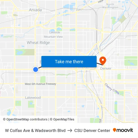 W Colfax Ave & Wadsworth Blvd to CSU Denver Center map