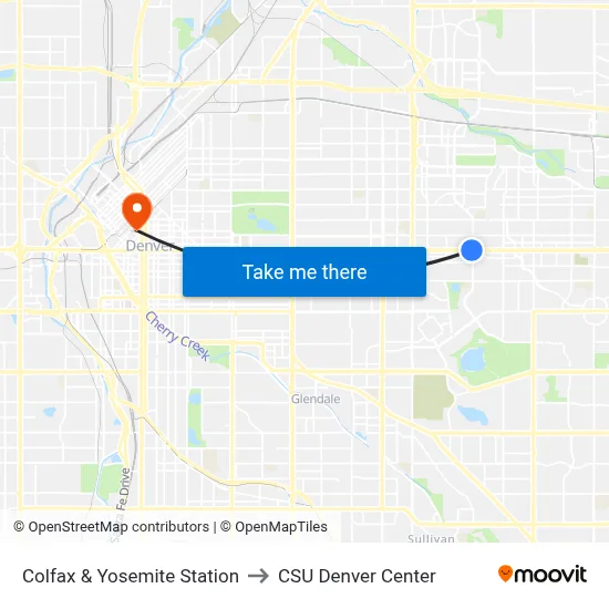 Colfax & Yosemite Station to CSU Denver Center map
