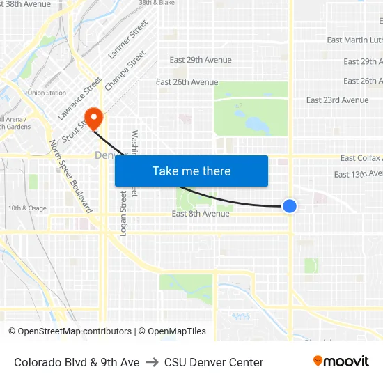 Colorado Blvd & 9th Ave to CSU Denver Center map