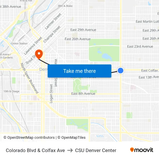 Colorado Blvd & Colfax Ave to CSU Denver Center map