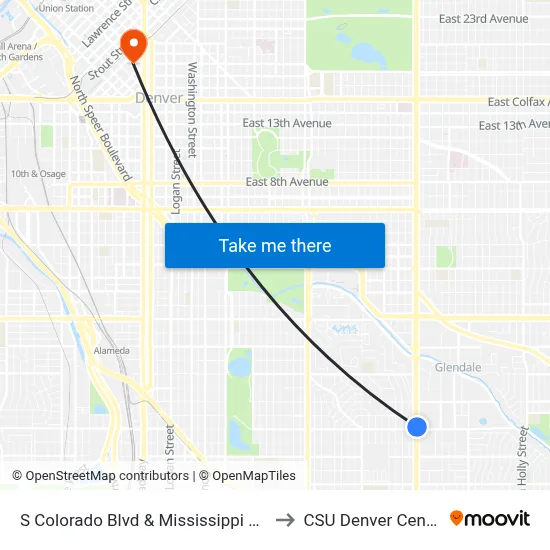 S Colorado Blvd & Mississippi Ave to CSU Denver Center map