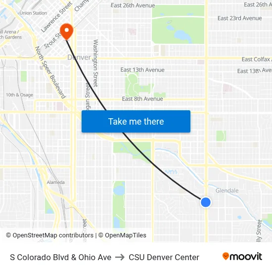 S Colorado Blvd & Ohio Ave to CSU Denver Center map