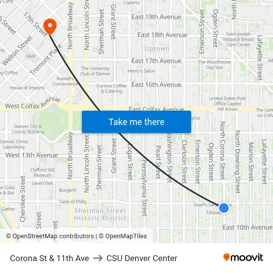 Corona St & 11th Ave to CSU Denver Center map