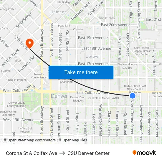 Corona St & Colfax Ave to CSU Denver Center map