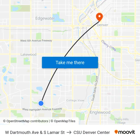 W Dartmouth Ave & S Lamar St to CSU Denver Center map