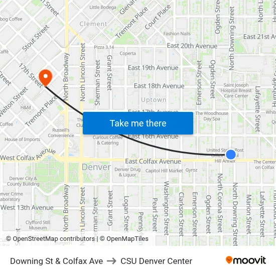 Downing St & Colfax Ave to CSU Denver Center map
