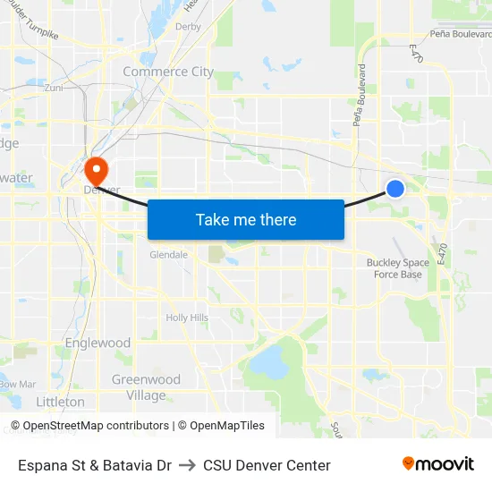 Espana St & Batavia Dr to CSU Denver Center map