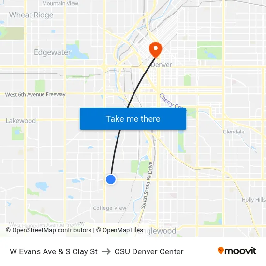 W Evans Ave & S Clay St to CSU Denver Center map