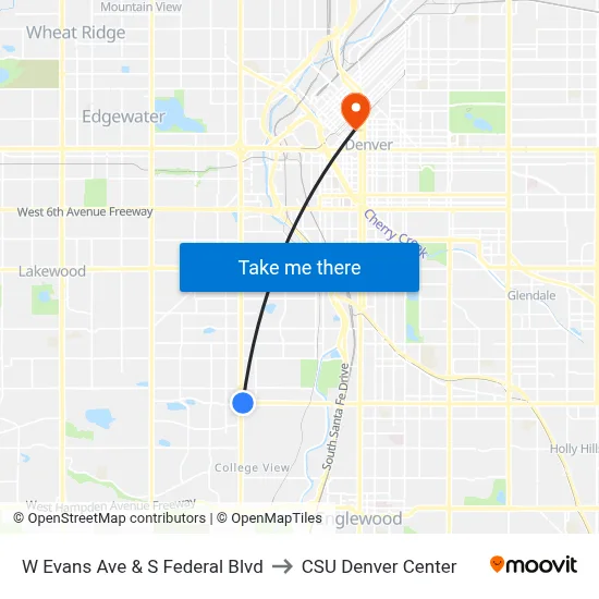 W Evans Ave & S Federal Blvd to CSU Denver Center map