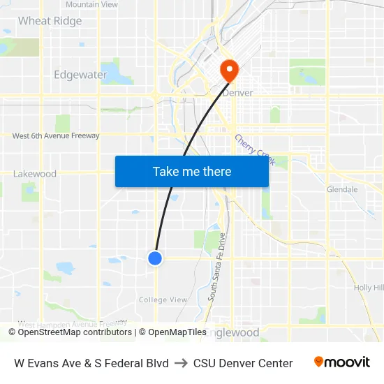 W Evans Ave & S Federal Blvd to CSU Denver Center map