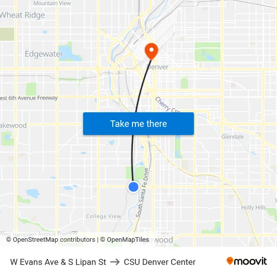 W Evans Ave & S Lipan St to CSU Denver Center map