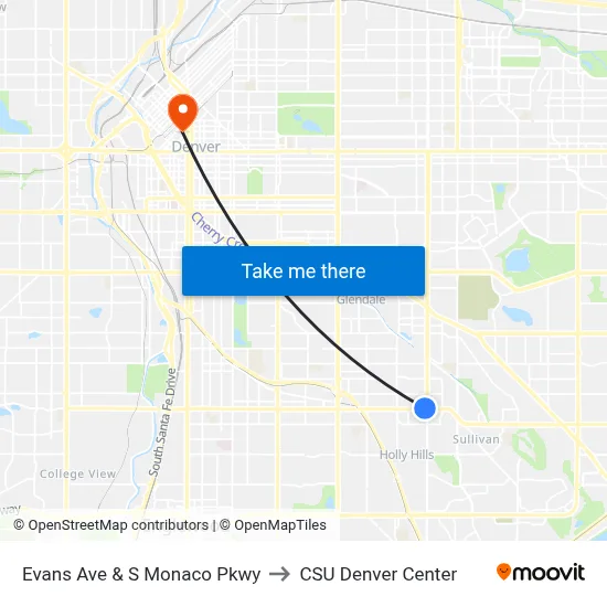 Evans Ave & S Monaco Pkwy to CSU Denver Center map