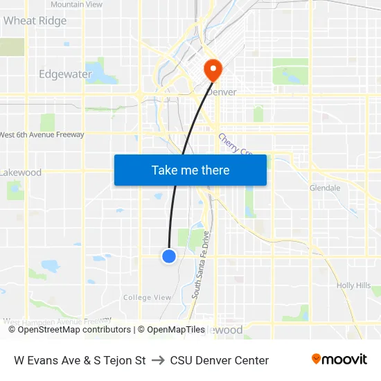 W Evans Ave & S Tejon St to CSU Denver Center map