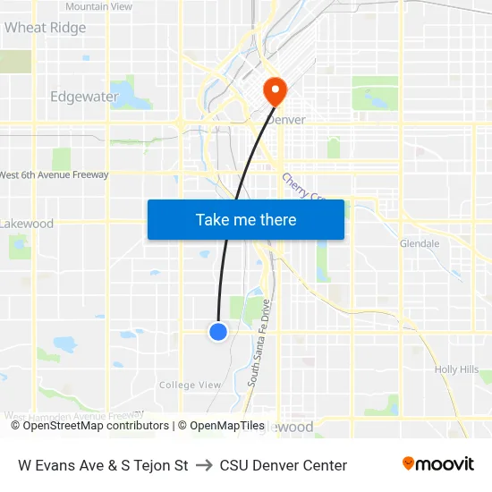 W Evans Ave & S Tejon St to CSU Denver Center map
