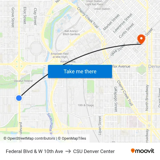 Federal Blvd & W 10th Ave to CSU Denver Center map