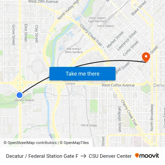 Decatur / Federal Station Gate F to CSU Denver Center map