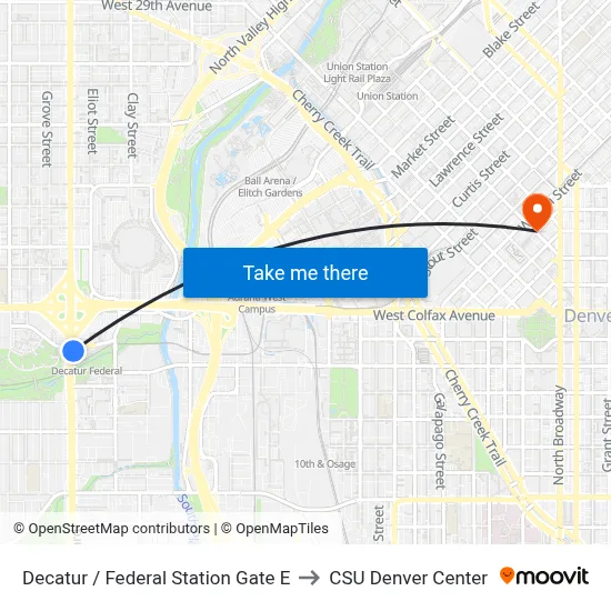 Decatur / Federal Station Gate E to CSU Denver Center map