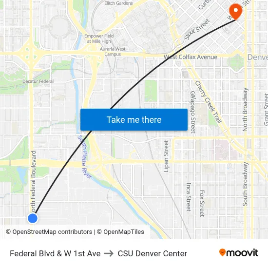 Federal Blvd & W 1st Ave to CSU Denver Center map