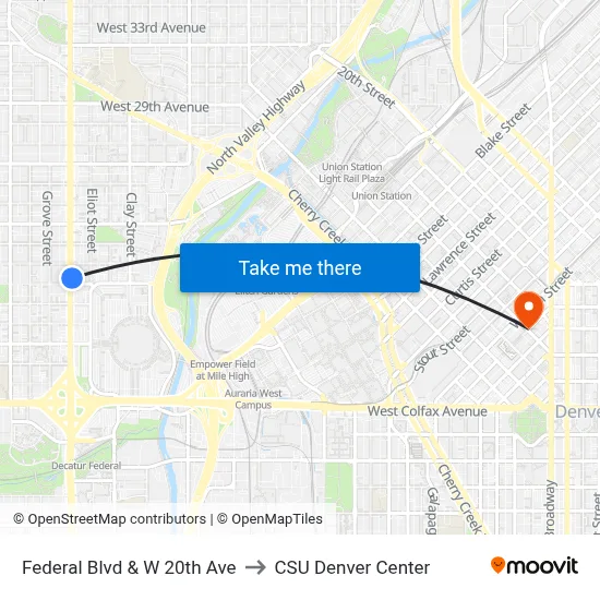 Federal Blvd & W 20th Ave to CSU Denver Center map