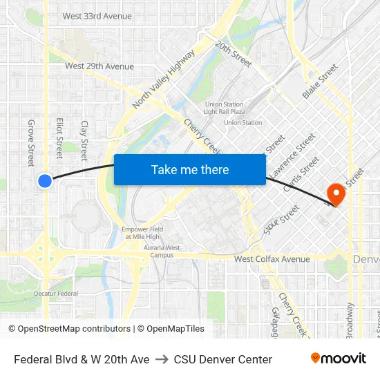 Federal Blvd & W 20th Ave to CSU Denver Center map