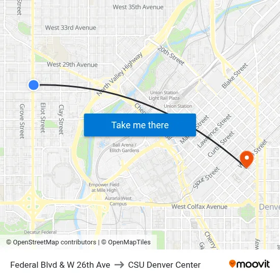 Federal Blvd & W 26th Ave to CSU Denver Center map