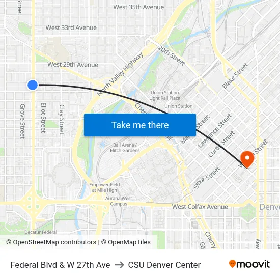 Federal Blvd & W 27th Ave to CSU Denver Center map
