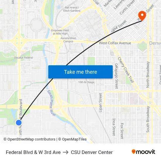 Federal Blvd & W 3rd Ave to CSU Denver Center map