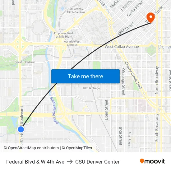 Federal Blvd & W 4th Ave to CSU Denver Center map